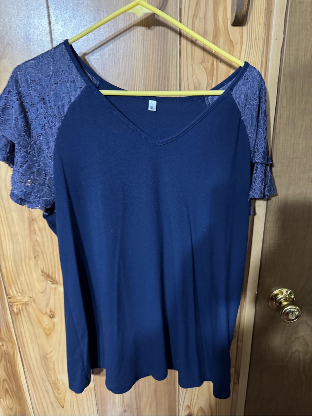 Navy Lace Sleeve V-Neck Women's Top